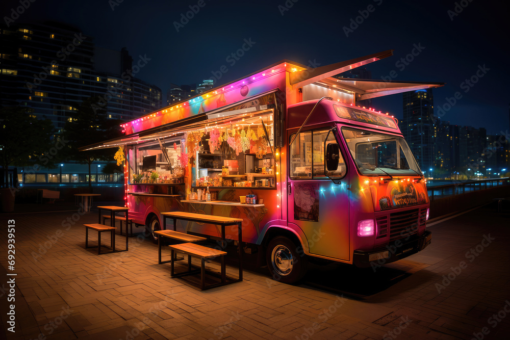 Colorful food truck serving gourmet street food at night in an urban city setting, attracting a lively crowd.