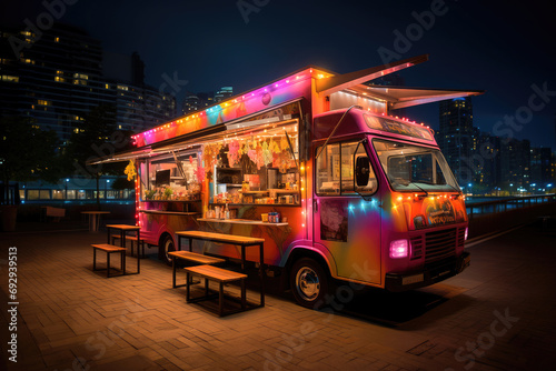 Colorful food truck serving gourmet street food at night in an urban city setting, attracting a lively crowd.