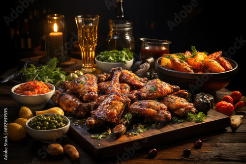 A rustic dinner setup of grilled chicken wings and roasted vegetables, served on a wooden table with candlelight.