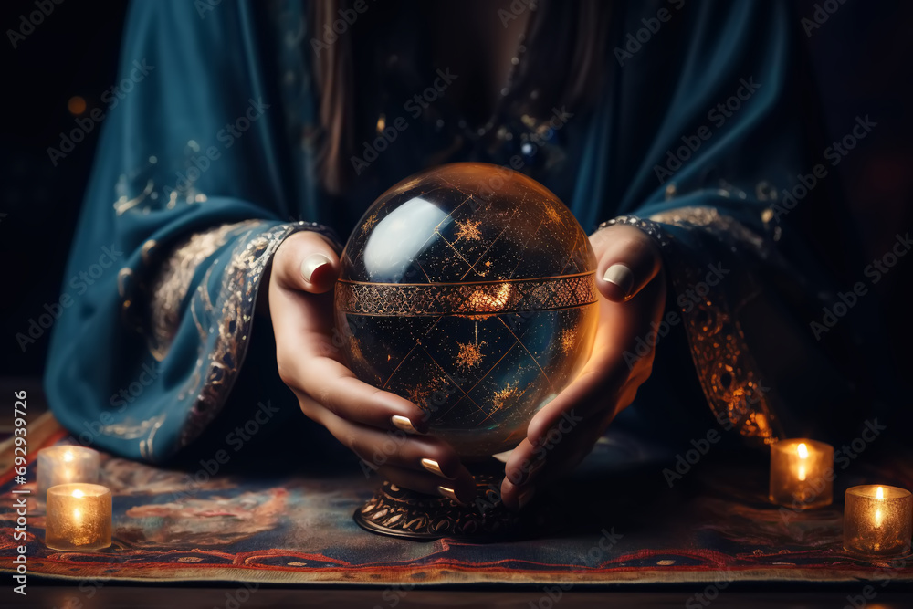 Fortune telling, witchcraft, mysticism and extrasensory perception concept. Close-up of a fortune teller's hand holding a clairvoyance ball - obrazy, fototapety, plakaty 