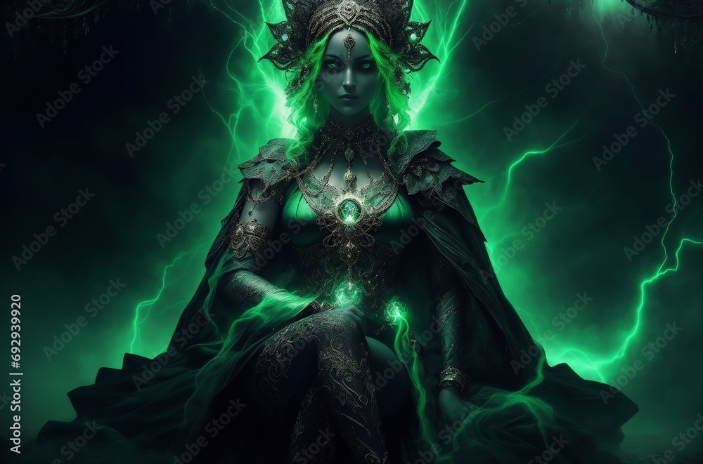 Unleash the power of fantasy with this mesmerizing artwork; a mysterious figure enveloped in an ethereal emerald glow and intricate attire. Unleash the power of fantasy with this mesmerizing artwork; a mysterious figure enveloped in an ethereal emerald glow and intricate attire.