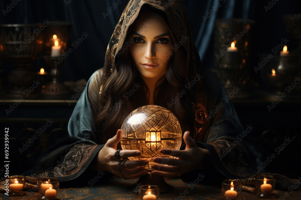 Witchcraft, astrology, supernatural concept. Portrait of a gypsy fortune teller holding a sphere of clairvoyance and looking at the camera - obrazy, fototapety, plakaty 