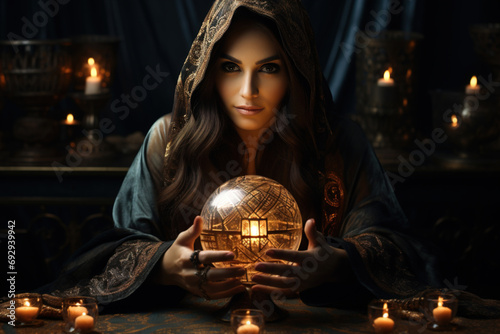 Witchcraft, astrology, supernatural concept. Portrait of a gypsy fortune teller holding a sphere of clairvoyance and looking at the camera photo