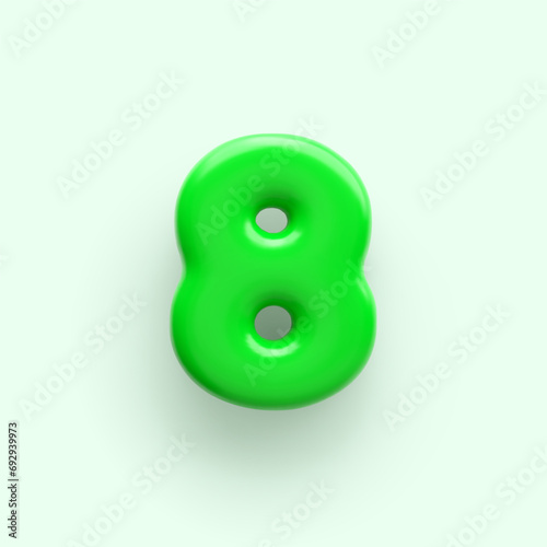 3D Green number 8 with a glossy surface on a light background .