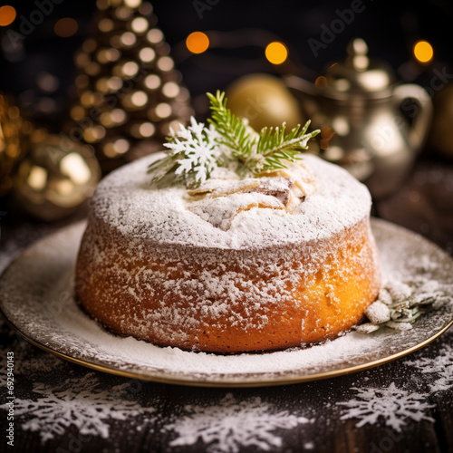 Olive Oil Cake decorated with sugar powder in Christmas style