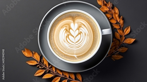 Cappuccino from above with latte art, dried leaves and grasses, on a slate stone, coffee beans, isolated on agrey background.