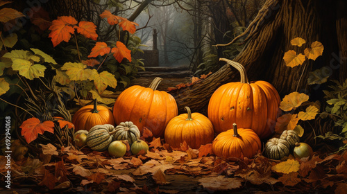 Squash and pumpkins nestled among fallen leaves  AI Generated