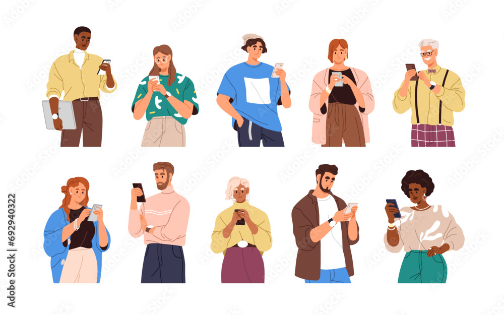 Characters with mobile smart phones set. People holding smartphones. Men, women using cell devices, cellphones in hands, reading, surfing online. Flat vector illustrations isolated on white background Characters with mobile smart phones set. People holding smartphones. Men, women using cell devices, cellphones in hands, reading, surfing online. Flat vector illustrations isolated on white background