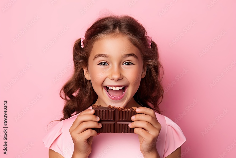 Photo of kind small girl eat chocolate wear t-shirt isolated on pink color background unhealthy food Photo of kind small girl eat chocolate wear t-shirt isolated on pink color background unhealthy food