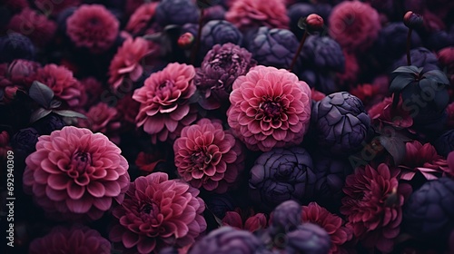 Deep Crimson and Blush Dahlias Blooming in a Lush, Mysterious Midnight Garden Dream