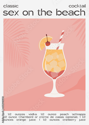 Sex On The Beach Tropical Cocktail garnished with orange and cherry. Classic alcoholic beverage recipe wall art print. Summer aperitif poster. Minimalist alcoholic drink placard. Vector illustration.