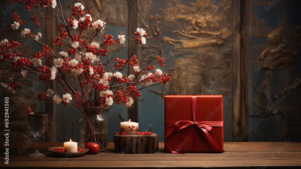 Chinese New Year celebration with gifts thoughtfully placed on white rustic wooden background, AI Generated