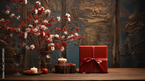 Chinese New Year celebration with gifts thoughtfully placed on white rustic wooden background, AI Generated © Shining Pro