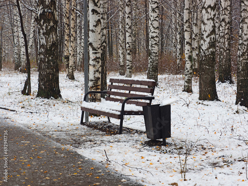 Bench in the park. Yellow fallen leaves on the path. Late fall. First snow.