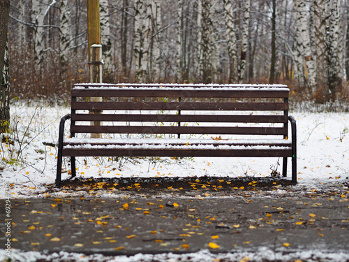 Bench in the park. Yellow fallen leaves on the path. Late fall. First snow.