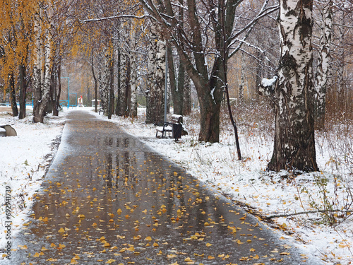 Bench in the park. Yellow fallen leaves on the path. Late fall. First snow.