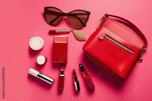 Flat lay with fashion accesories, woman bag, lipstick in red color for products advertisement. Close up