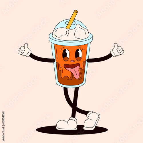 Groovy coffee character shows thumbs up. Vintage mascot in doodle style. Vector illustration isolated on a peach background.