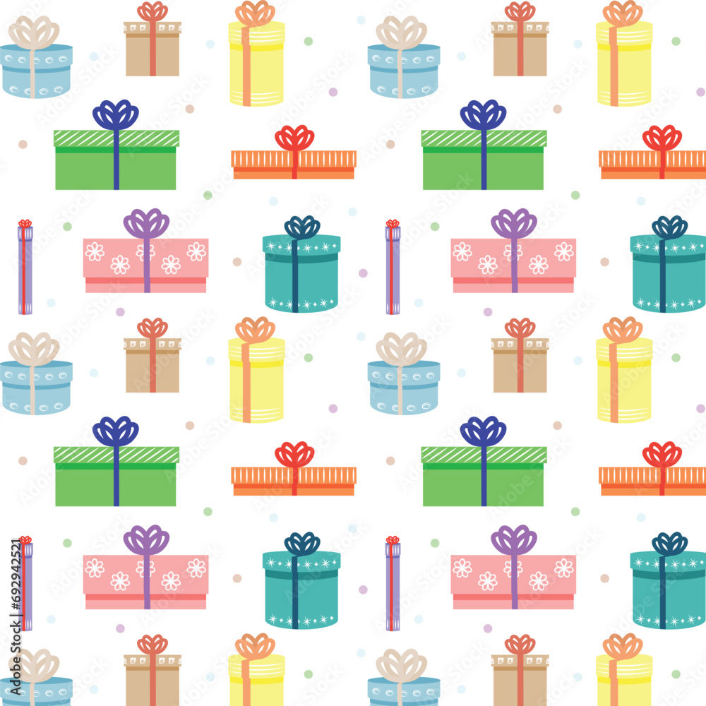 Colorful gift boxes seamless pattern wallpaper with riboons and confetti