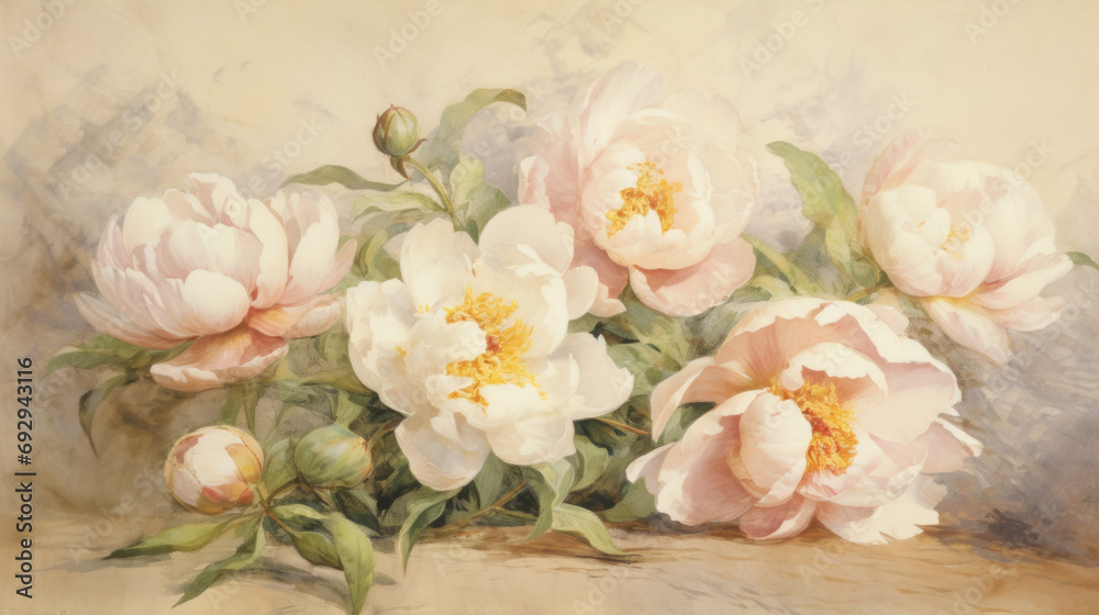 Peonies painted in watercolor. Illustration of  Beautiful flowers in sunlight. 