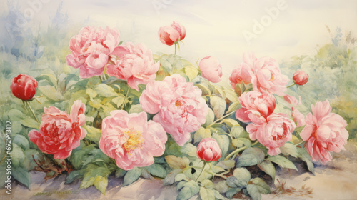 Light pink peonies painted in watercolor. Illustration of  Beautiful flowers in sunlight. 