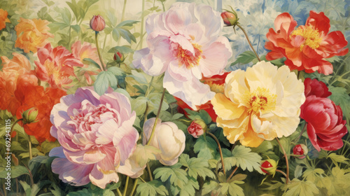 Peonies painted in watercolor. Illustration of Beautiful flowers in sunlight. 