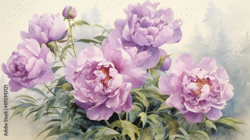 Purple peonies painted in watercolor. Illustration of  Beautiful flowers in sunlight. 