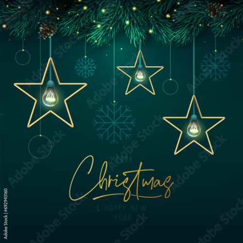 Christmas background with modern glowing star lamps and snowflakes on emerald background. Christmas greting card. Vector illustration