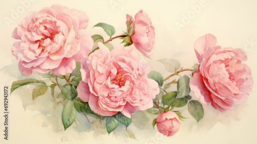 Light pink peonies painted in watercolor. Illustration of Beautiful flowers in sunlight. 
