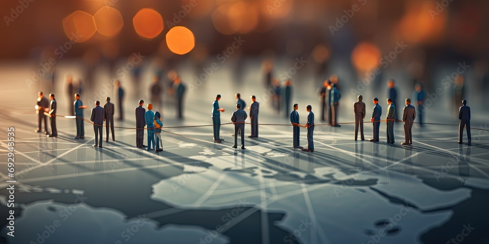 Connecting paths. Futuristic into corporate network. Digital city of business diverse group of individuals embark on journey of connectivity. Silhouettes innovation and web of opportunities - obrazy, fototapety, plakaty 