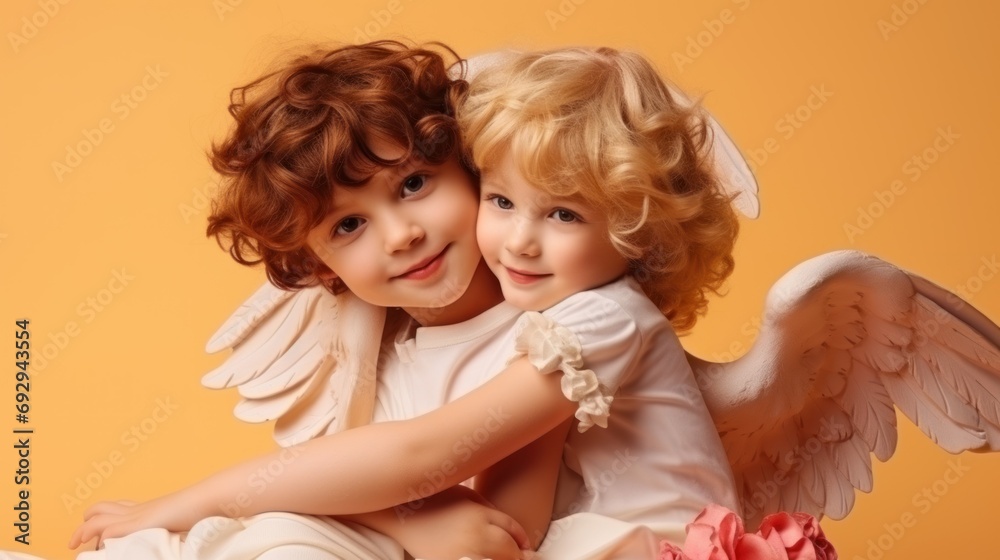 two cute little angel children, cupids with wings. banner with copy space. valentine's day concept, children, love, card two cute little angel children, cupids with wings. banner with copy space. valentine's day concept, children, love, card