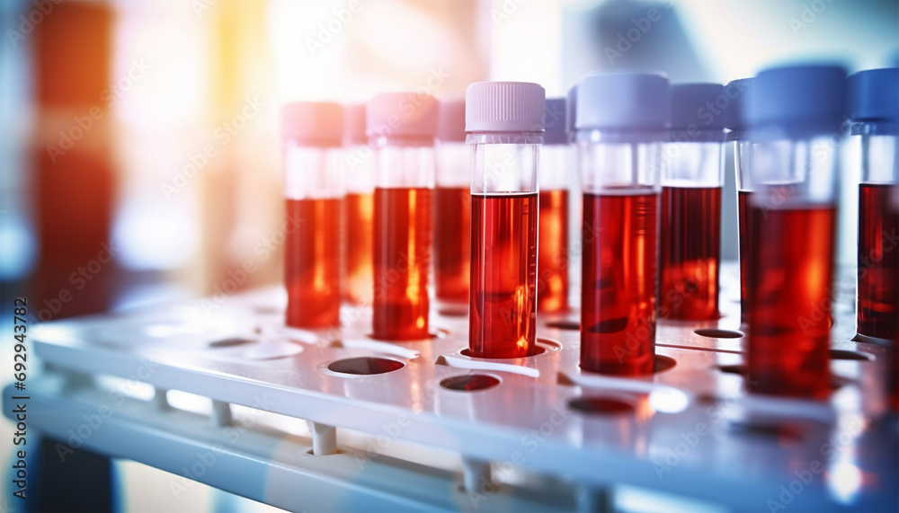 Medical test tubes. Tubes with blood in lab. Lab assistant, a medical scientist, a chemistry researcher a glass tube through the blood sample, does a chemical experiment and examines patient's Medical test tubes. Tubes with blood in lab. Lab assistant, a medical scientist, a chemistry researcher a glass tube through the blood sample, does a chemical experiment and examines patient's