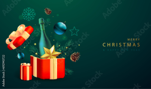 Merry Christmas holiday poster with 3D champagne bottle, Christmas tree branch, pine cone, star and gift box. Vector illustration