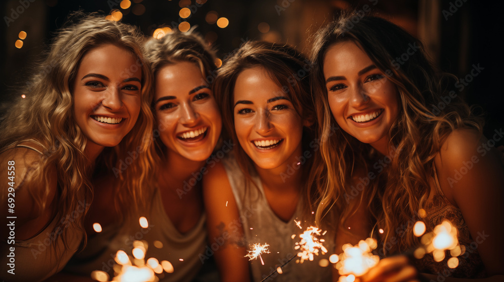 Group of friends celebrating New Year's with sparklers