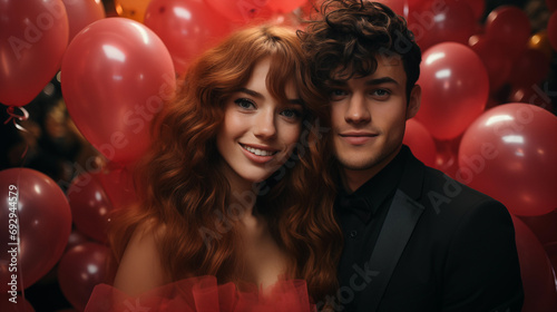 Portrait of elegant couple among red balloons © gpointstudio