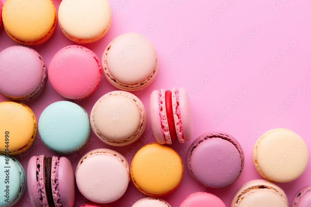 Fototapeta premium Colorful french desserts. Cake macaroons or macaroon on pink background, colorful almond cookies, pastel colors, macaroon for sweet break mock up. Flat lay, top view