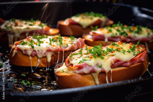 Closeup of ham and cheese bruschetta oven baked with herbs