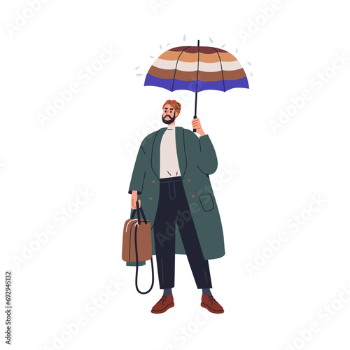 Man standing under umbrella in rain. Business person in coat, holding canopy ...