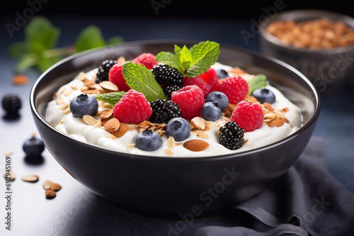 Fresh breakfast with greek yogurt nuts oatmeal granola with berries in a bowl the toning. selective focus