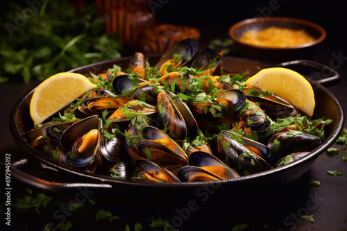 Fresh mussels in a pan, with parsley and lemon © Ирина Курмаева