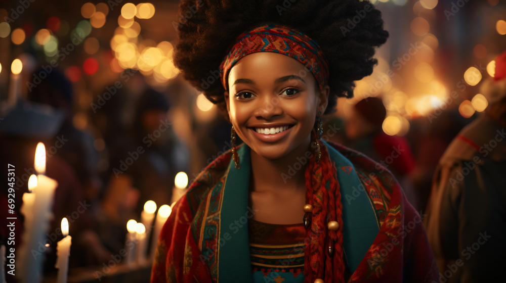 Kwanzaa Celebration, A girl immersed in the nightlife and festive atmosphere. Generative AI