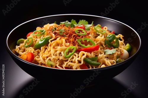 Instant noodles in white bowl. Cooked instant noodles with vegetables in bowl isolated on white background with clipping path. Asian and Chinese style fast food concept