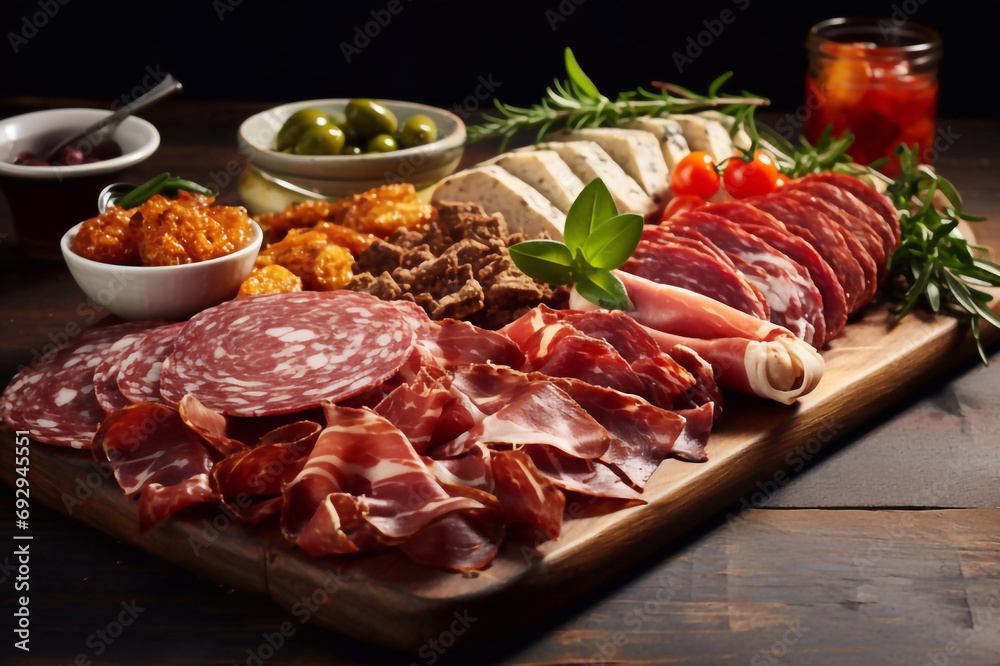 Salami Meat Board Platter Dried Slice Flat Lay. Breadsticks, Ham, Prosciutto and Chorizo Spain Starter Snack Appetizer Top Down View. Charcuterie Dried Delicatessen Traditional Spanish Party