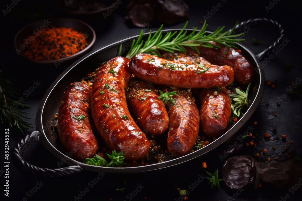 Smoked sausages with spices on a black stone plate. Top view. Old background, rustic style Smoked sausages with spices on a black stone plate. Top view. Old background, rustic style