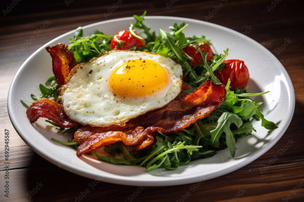 Sunny Side Up Eggs with crispy fried bacon, arugula and tomatoes on white plate on wooden table, view from above Sunny Side Up Eggs with crispy fried bacon, arugula and tomatoes on white plate on wooden table, view from above