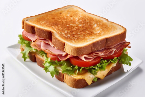 Sandwich with ham, cheese, tomatoes, lettuce, and toasted bread. Top view isolated on white background