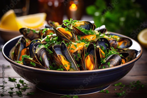 Seafood mussels with lemon and parsley