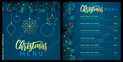 Restaurant Christmas holiday menu design with christmas floral garland on blue background. Vector illustration