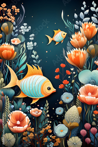 fishes in the underwater cartoon. Sea life cartoon with fish collection set.Cartoon underwater landscape with turtle and fish shoal, seaweeds, corals and reefs. Underwater aquatic life landscape.Ai