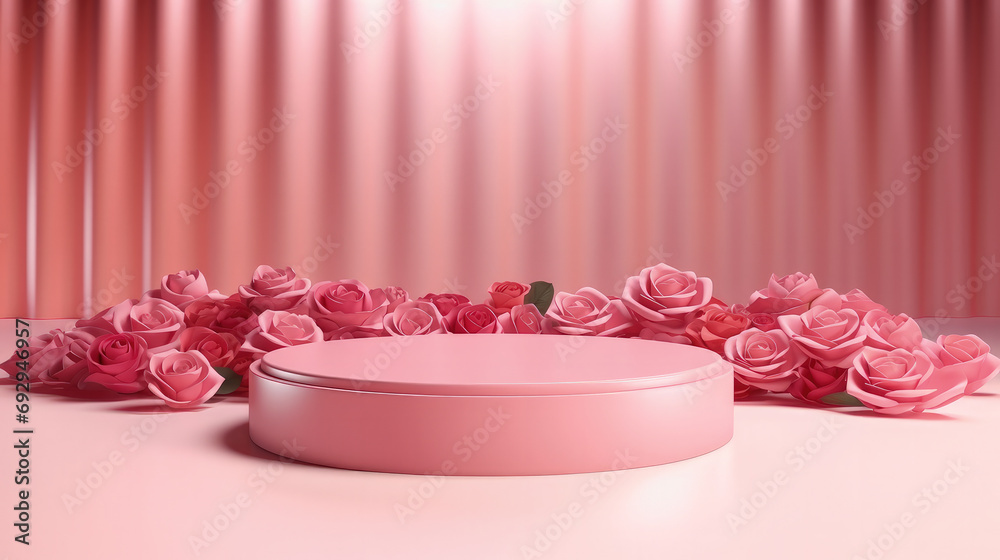Round pink podium on floor with red rose backdrop, setup stage for product showcase valentine concept. Podium background pink 3d stage table beauty stand display white rose petal. Round pink podium on floor with red rose backdrop, setup stage for product showcase valentine concept. Podium background pink 3d stage table beauty stand display white rose petal.
